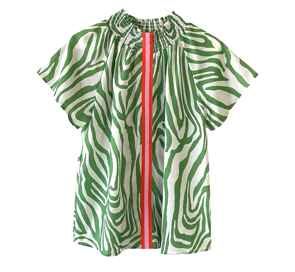 THML Womens Size Small Green White Zebra Short Sleeve Blouse Stripe Pullover Top